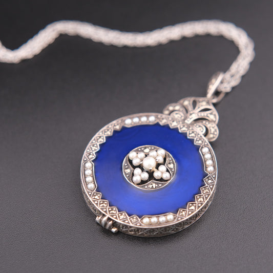 ❤️ Vintage Sterling Silver Blue Enamel Magnifier Pendant Necklace with Pearls and Marcasite
