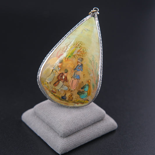 Antique Hand Painted Mother of Pearl Double-Sided Pendant Necklace in Sterling Silver