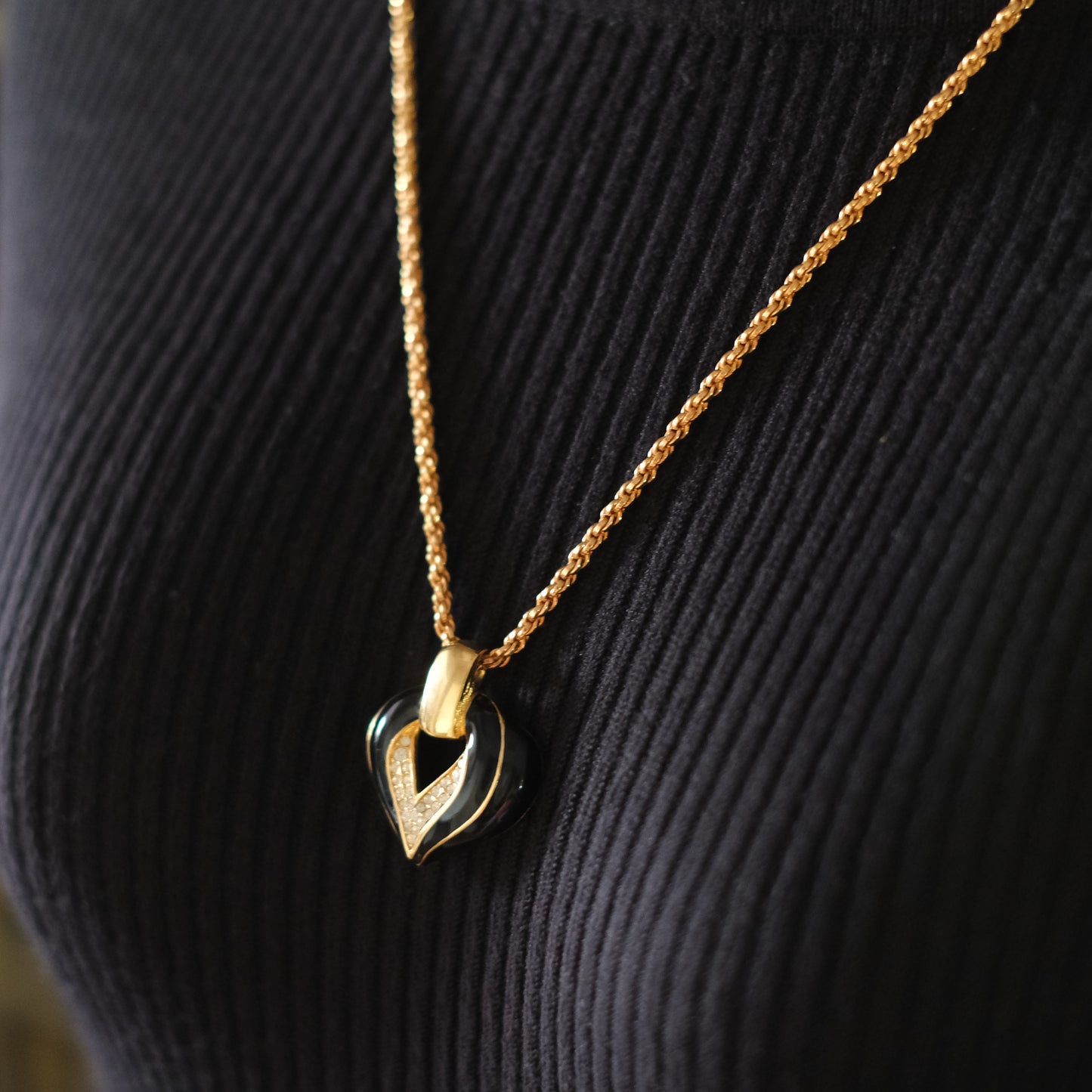 ❤️ S.A.L. Heart Pendant Necklace – Gold-Tone with Black Enamel & Clear Crystals