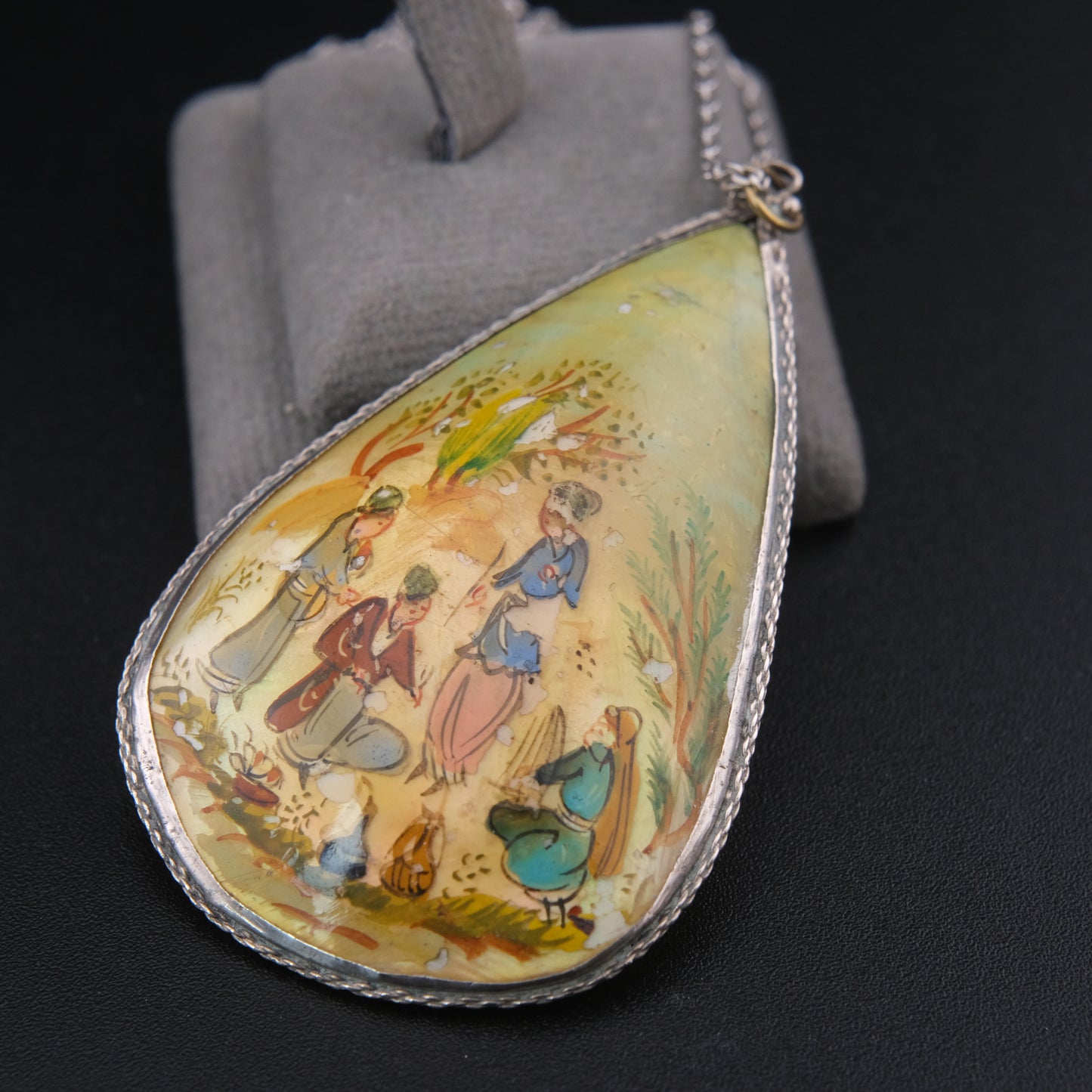 Antique Hand Painted Mother of Pearl Double-Sided Pendant Necklace in Sterling Silver
