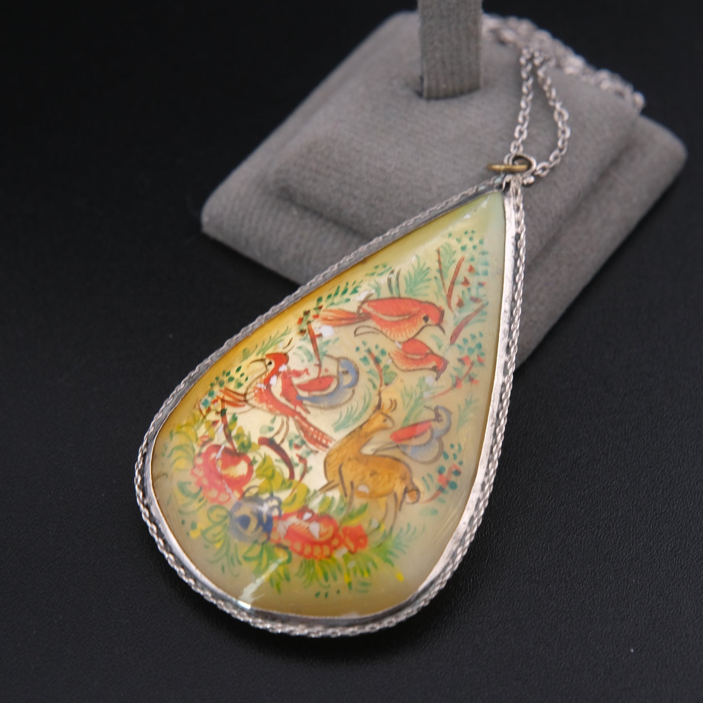 Antique Hand Painted Mother of Pearl Double-Sided Pendant Necklace in Sterling Silver