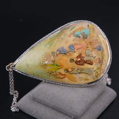 Antique Hand Painted Mother of Pearl Double-Sided Pendant Necklace in Sterling Silver