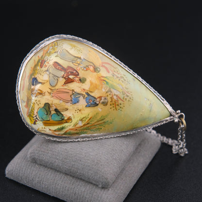 Antique Hand Painted Mother of Pearl Double-Sided Pendant Necklace in Sterling Silver