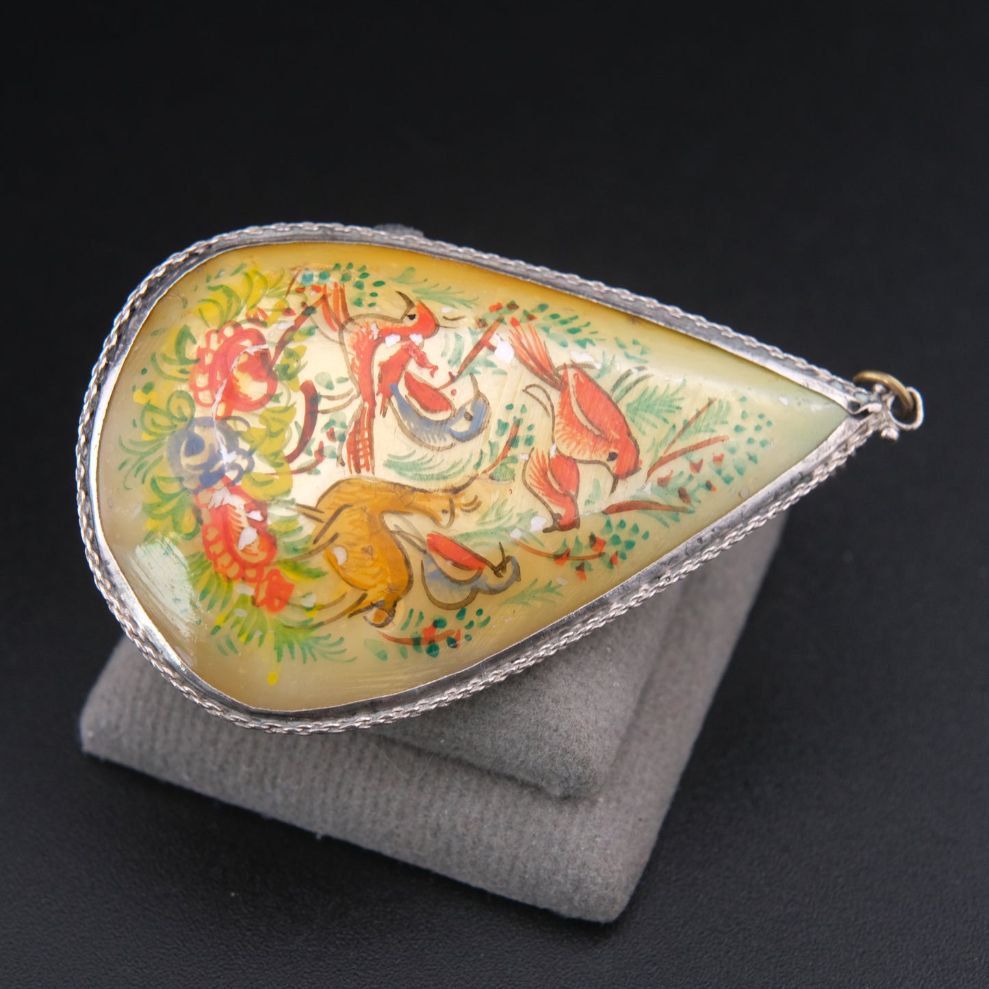 Antique Hand Painted Mother of Pearl Double-Sided Pendant Necklace in Sterling Silver