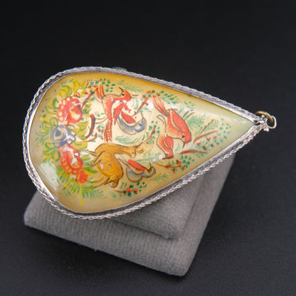 Antique Hand Painted Mother of Pearl Double-Sided Pendant Necklace in Sterling Silver
