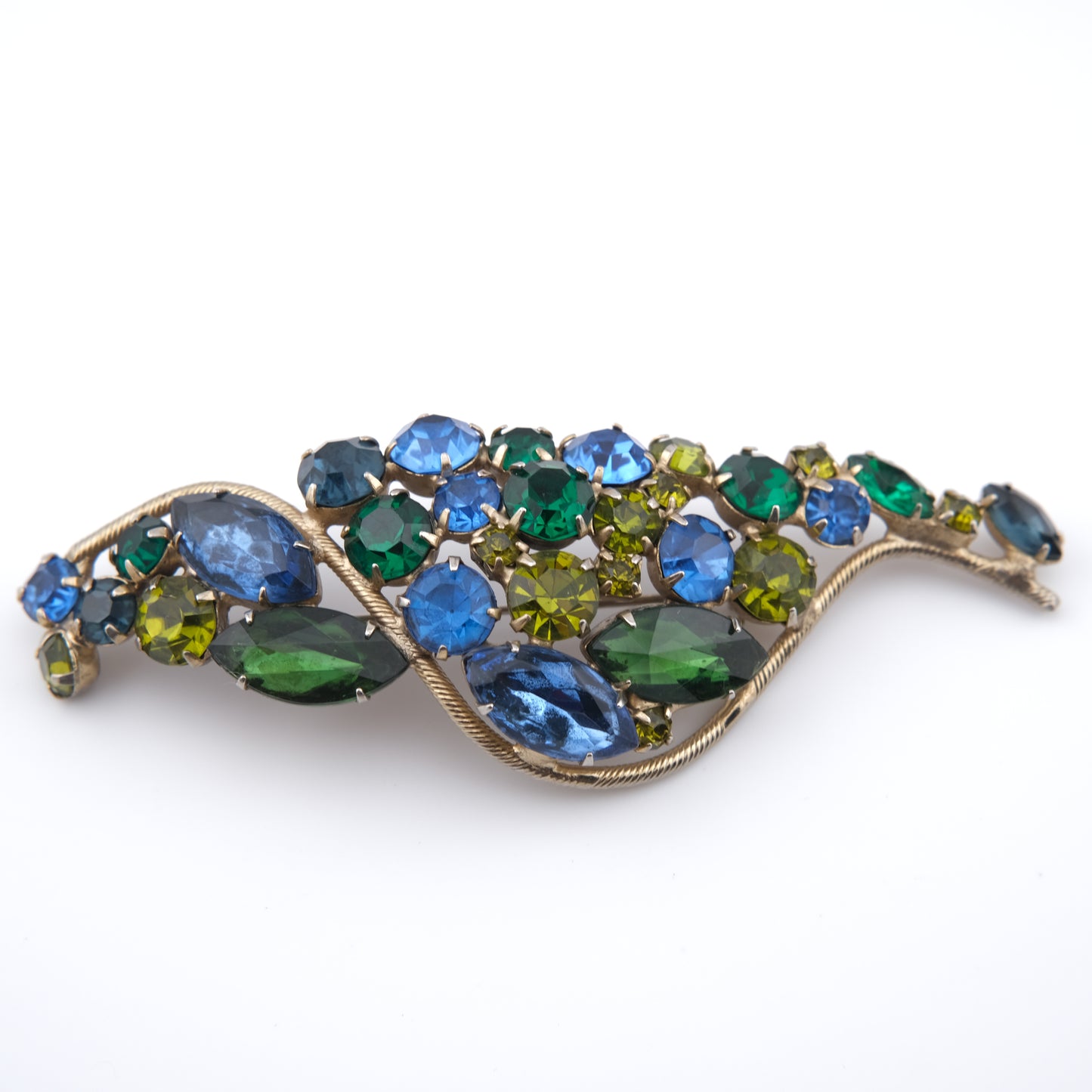 Dramatic 1950s Royal Blue, Olivine & Emerald Green Rhinestone Statement Brooch – 4" Long, Unsigned Mid-Century Beauty