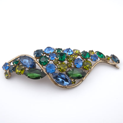 Dramatic 1950s Royal Blue, Olivine & Emerald Green Rhinestone Statement Brooch – 4" Long, Unsigned Mid-Century Beauty