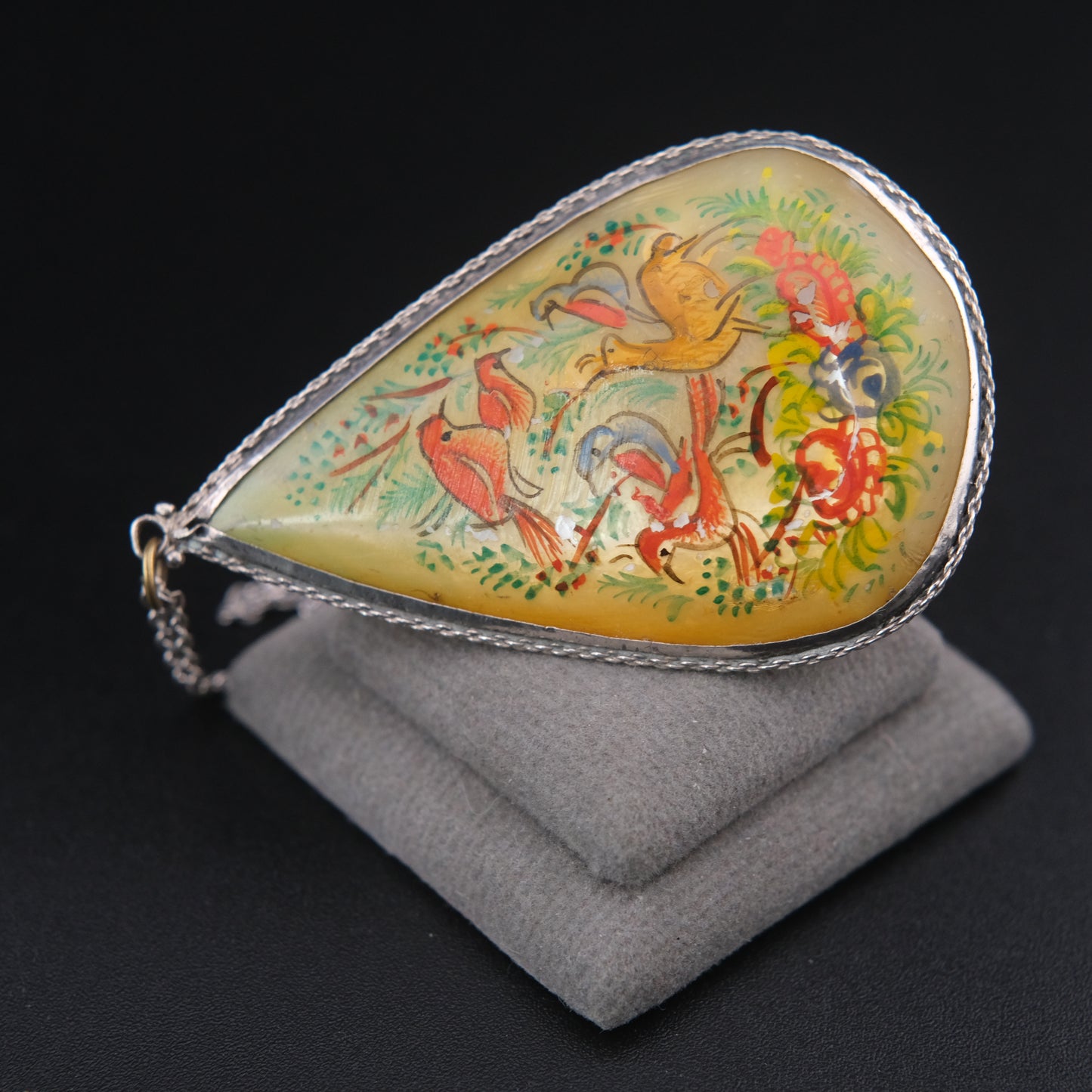Antique Hand Painted Mother of Pearl Double-Sided Pendant Necklace in Sterling Silver