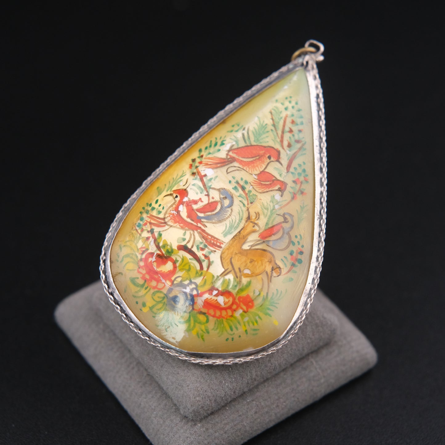 Antique Hand Painted Mother of Pearl Double-Sided Pendant Necklace in Sterling Silver