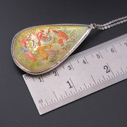 Antique Hand Painted Mother of Pearl Double-Sided Pendant Necklace in Sterling Silver
