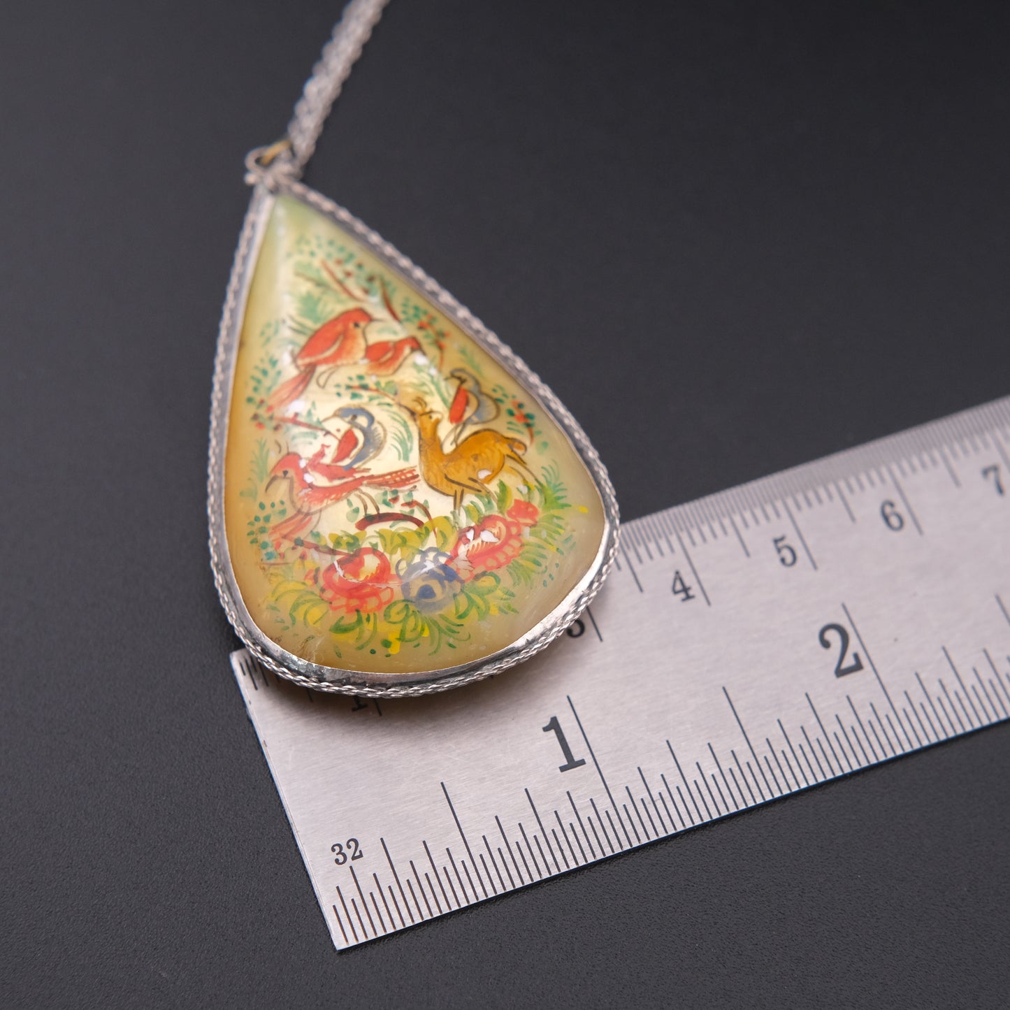 Antique Hand Painted Mother of Pearl Double-Sided Pendant Necklace in Sterling Silver