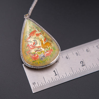 Antique Hand Painted Mother of Pearl Double-Sided Pendant Necklace in Sterling Silver