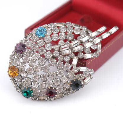 ❤️ Vintage Artist Palette Brooch – Silver-Tone with Multicolor Rhinestones