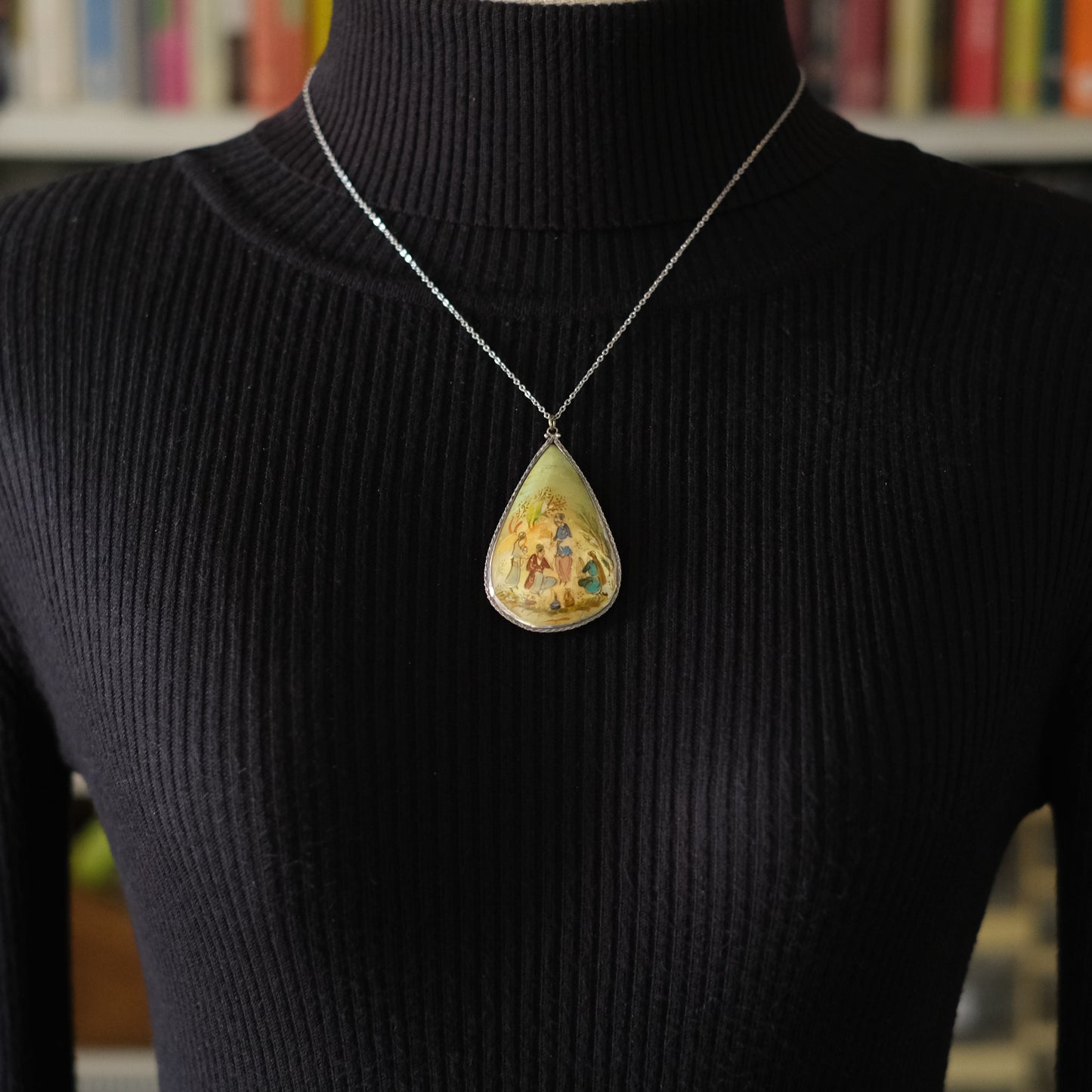 Antique Hand Painted Mother of Pearl Double-Sided Pendant Necklace in Sterling Silver