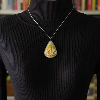 Antique Hand Painted Mother of Pearl Double-Sided Pendant Necklace in Sterling Silver