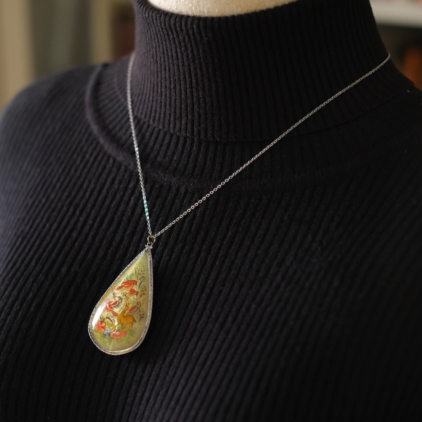Antique Hand Painted Mother of Pearl Double-Sided Pendant Necklace in Sterling Silver