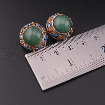 ❤️ Vintage Jade Cabochon Enamel Sterling Silver Clip-On Earrings