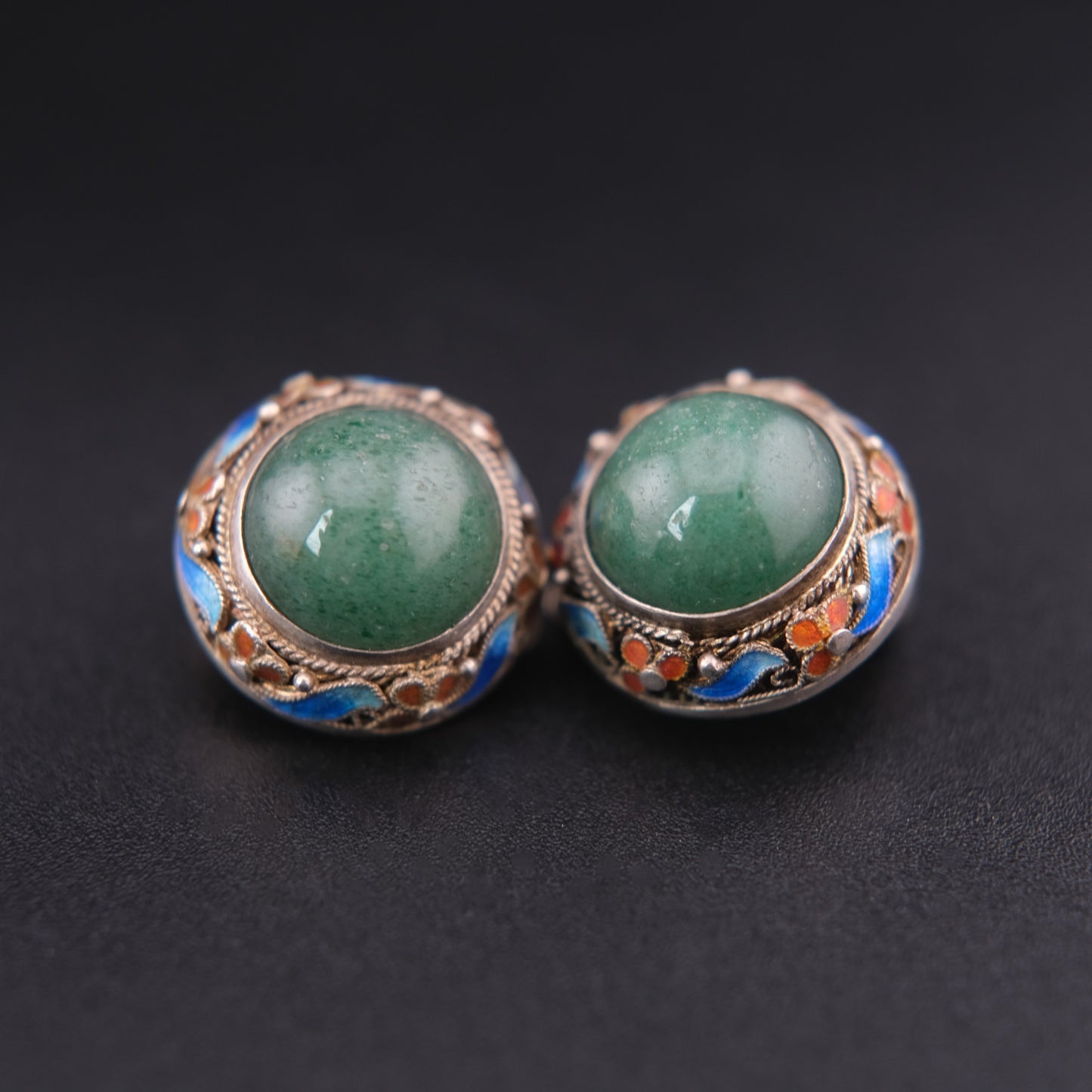 ❤️ Vintage Jade Cabochon Enamel Sterling Silver Clip-On Earrings