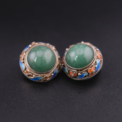 ❤️ Vintage Jade Cabochon Enamel Sterling Silver Clip-On Earrings