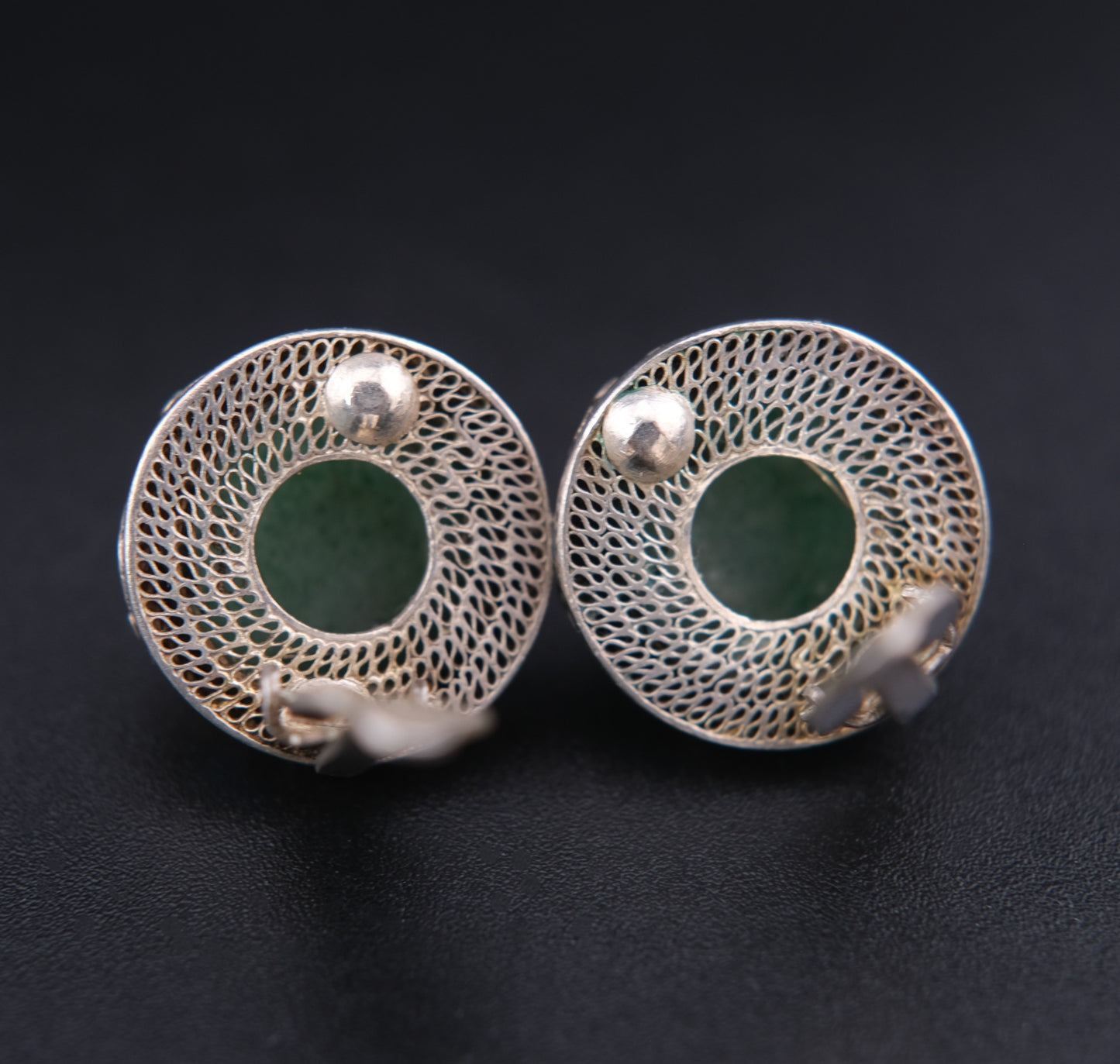 ❤️ Vintage Jade Cabochon Enamel Sterling Silver Clip-On Earrings