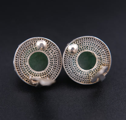 ❤️ Vintage Jade Cabochon Enamel Sterling Silver Clip-On Earrings