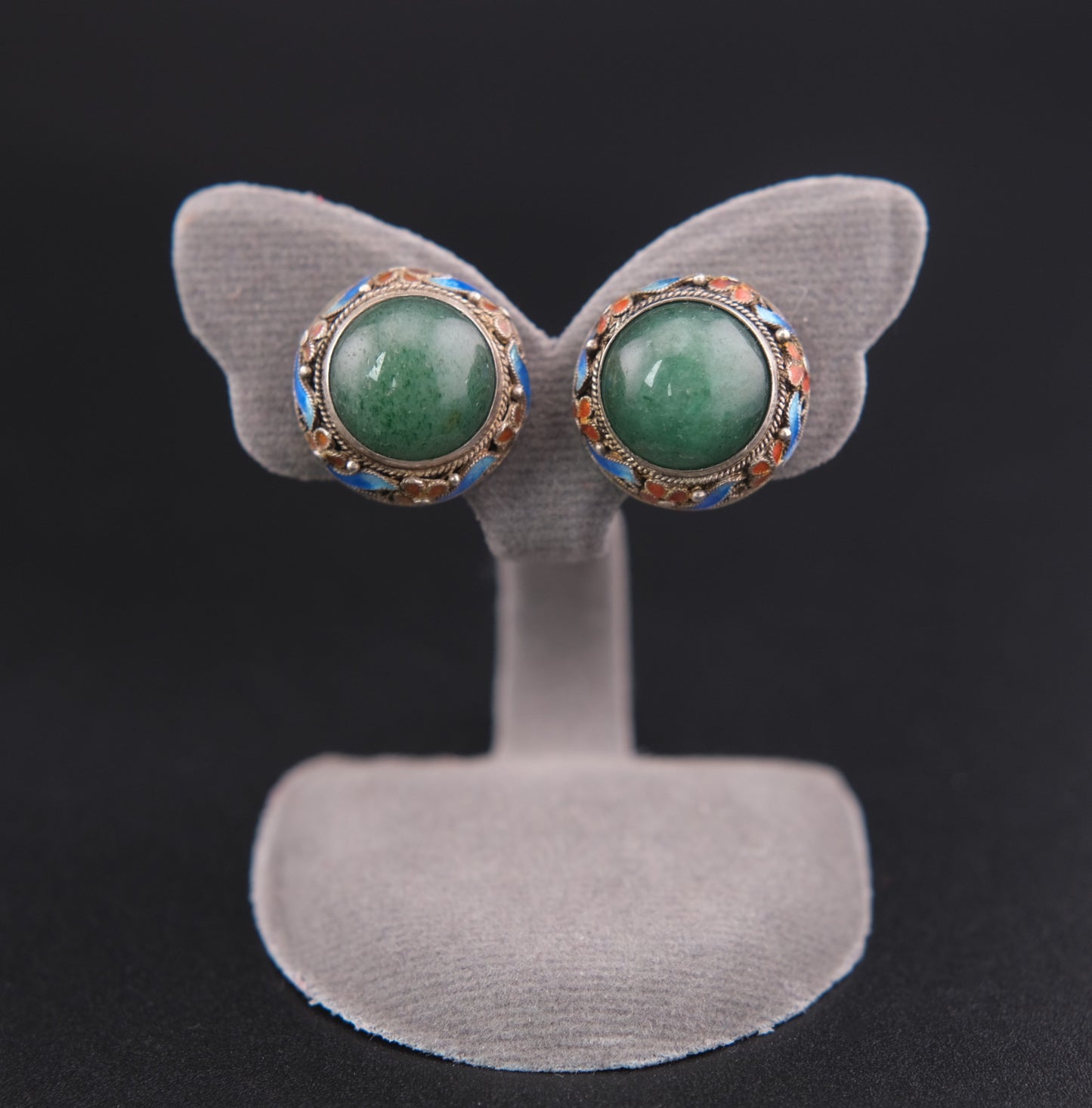 ❤️ Vintage Jade Cabochon Enamel Sterling Silver Clip-On Earrings