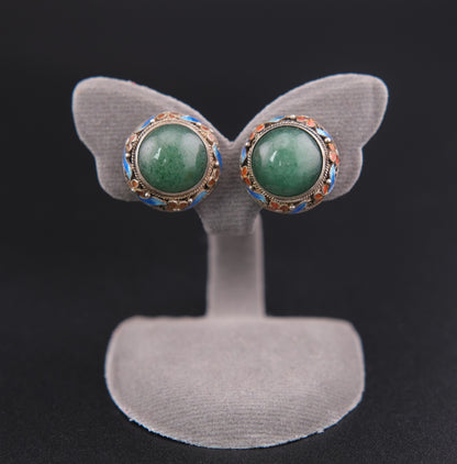 ❤️ Vintage Jade Cabochon Enamel Sterling Silver Clip-On Earrings