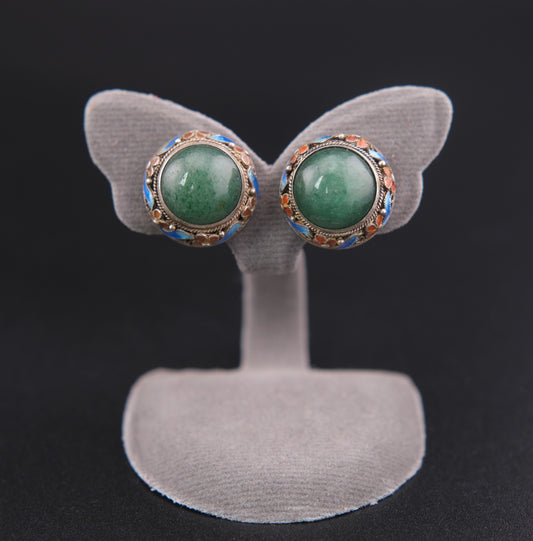 ❤️ Vintage Jade Cabochon Enamel Sterling Silver Clip-On Earrings