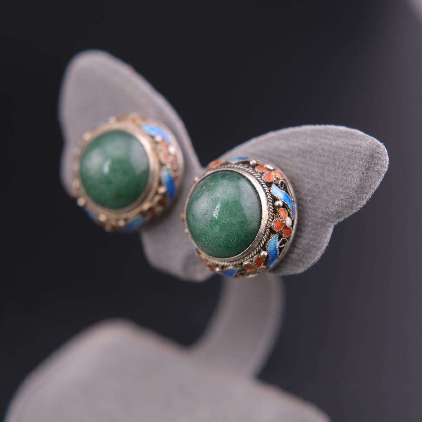 ❤️ Vintage Jade Cabochon Enamel Sterling Silver Clip-On Earrings
