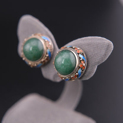 ❤️ Vintage Jade Cabochon Enamel Sterling Silver Clip-On Earrings