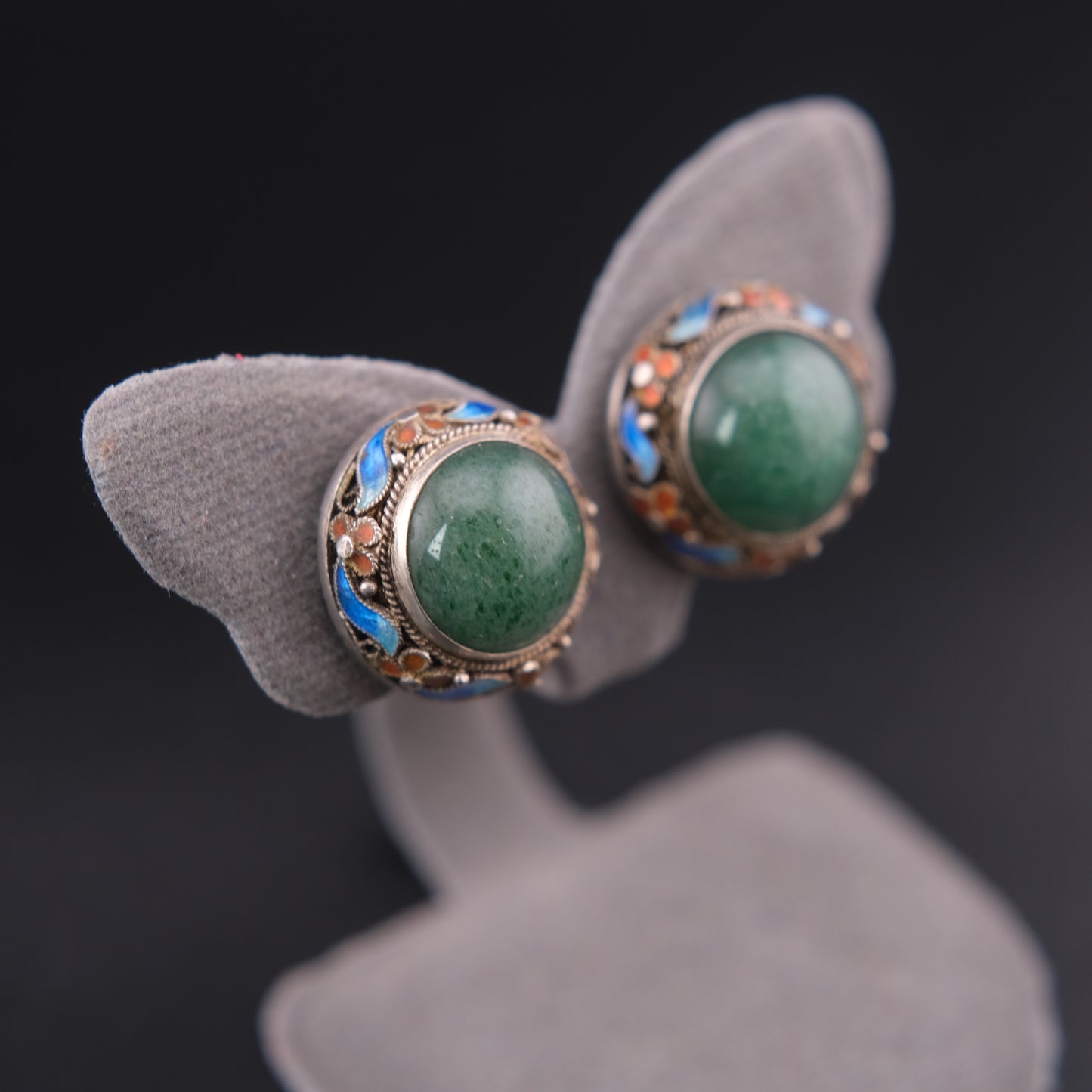 ❤️ Vintage Jade Cabochon Enamel Sterling Silver Clip-On Earrings