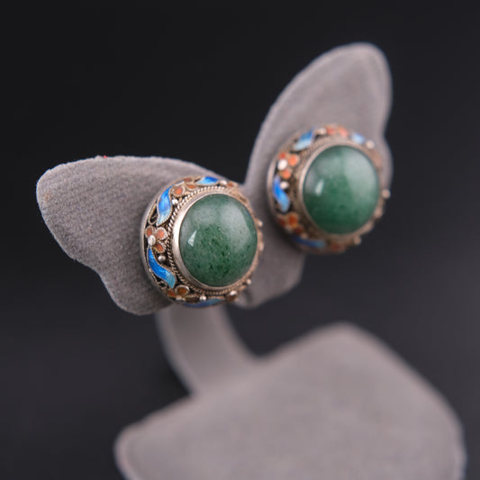 ❤️ Vintage Jade Cabochon Enamel Sterling Silver Clip-On Earrings