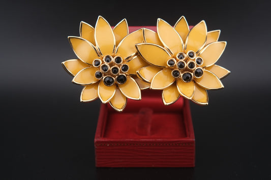 Vintage CINER Floral Clip-On Earrings – Gold-Tone with Golden Yellow Enamel and Black Rhinestones