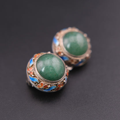 ❤️ Vintage Jade Cabochon Enamel Sterling Silver Clip-On Earrings