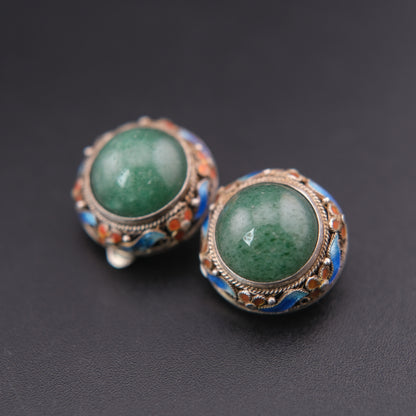 ❤️ Vintage Jade Cabochon Enamel Sterling Silver Clip-On Earrings
