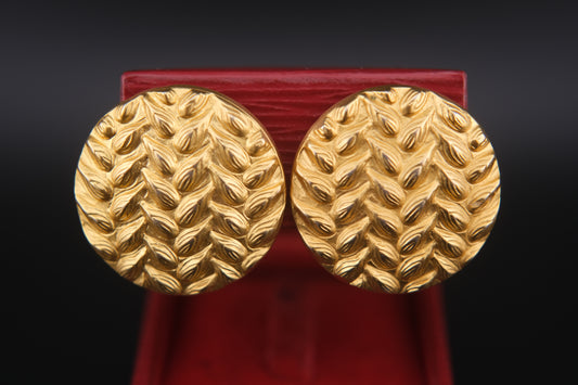 Vintage Kenzo Paris Clip-On Earrings – Textured Round Gold-Tone Statement Design