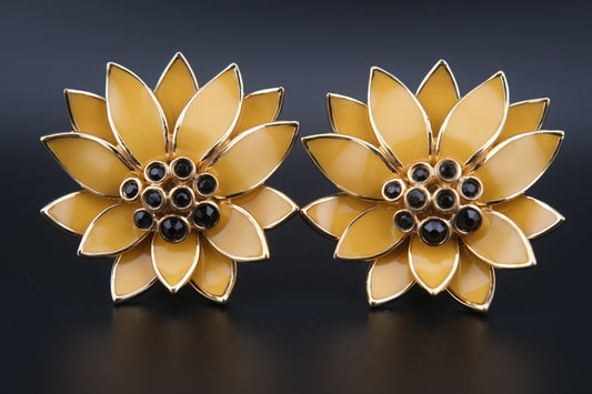 Vintage CINER Floral Clip-On Earrings – Gold-Tone with Golden Yellow Enamel and Black Rhinestones