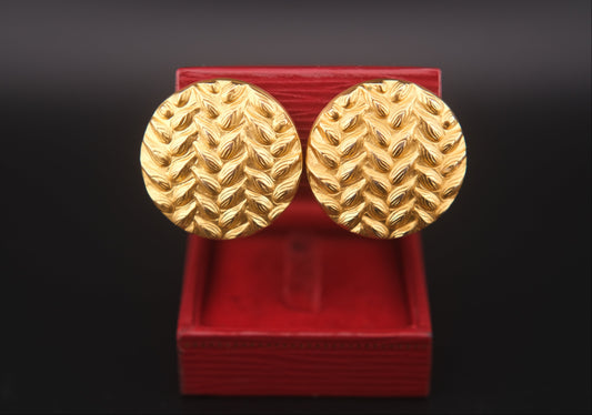 Vintage Kenzo Paris Clip-On Earrings – Textured Round Gold-Tone Statement Design