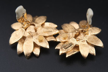 Vintage CINER Floral Clip-On Earrings – Gold-Tone with Golden Yellow Enamel and Black Rhinestones