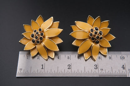 Vintage CINER Floral Clip-On Earrings – Gold-Tone with Golden Yellow Enamel and Black Rhinestones