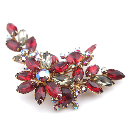 ❤️ Vintage Ruby Red Rhinestone Floral Spray Brooch with Aurora Borealis Accents