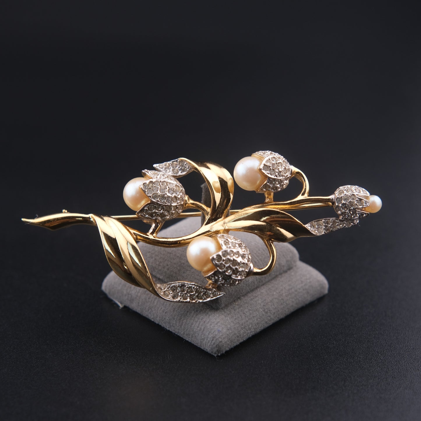 ❤️ Vintage D'orlan Floral Pearl & Crystal Brooch – Gold Tone Tulip Design