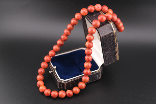Vintage Natural Red Coral Bead Necklace with Sterling Silver Rose Clasp