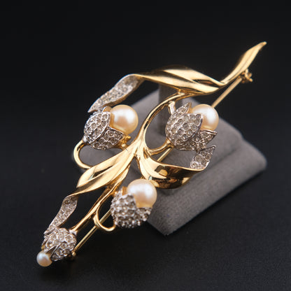 ❤️ Vintage D'orlan Floral Pearl & Crystal Brooch – Gold Tone Tulip Design