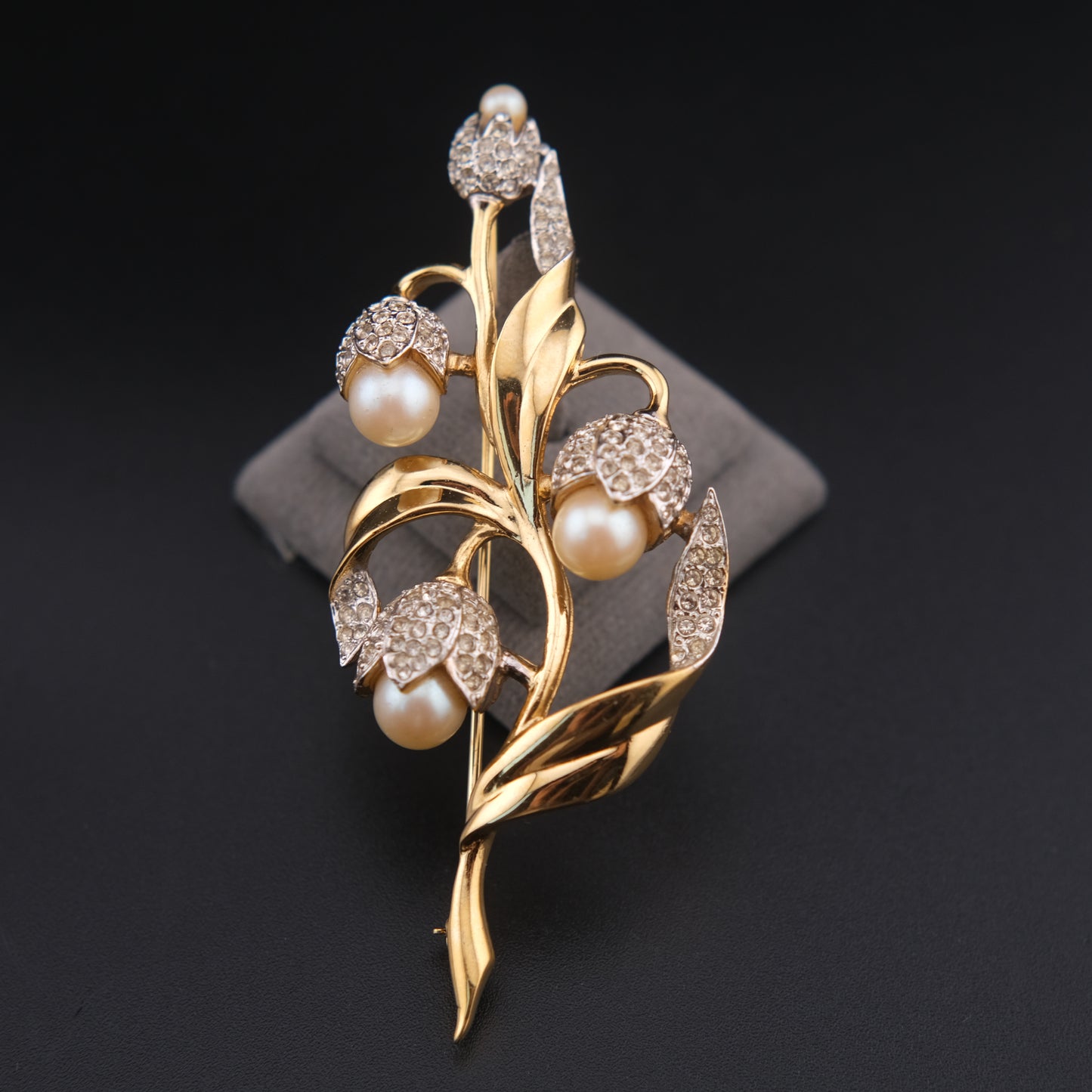 ❤️ Vintage D'orlan Floral Pearl & Crystal Brooch – Gold Tone Tulip Design