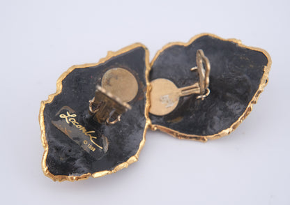 Vintage 1980 Lacombe Ceramic Clip-On Earrings – Gold & Black Enamel Abstract Design with Rhinestones
