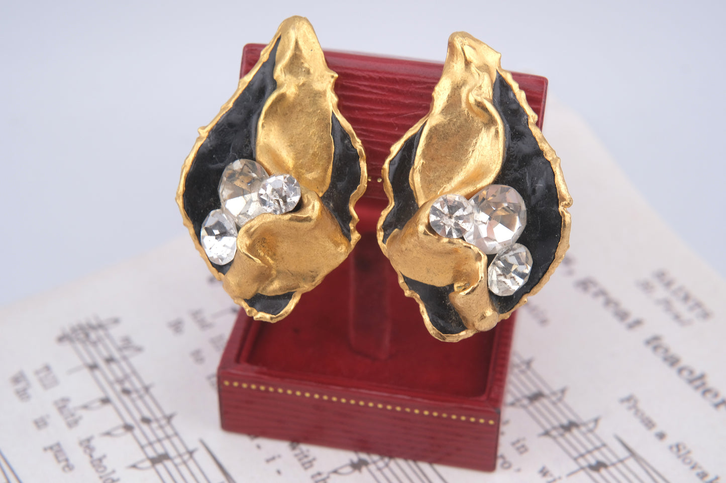 Vintage 1980 Lacombe Ceramic Clip-On Earrings – Gold & Black Enamel Abstract Design with Rhinestones