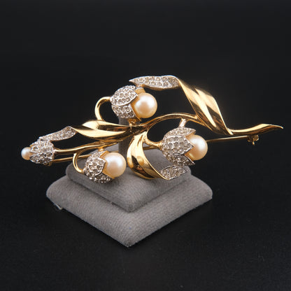 ❤️ Vintage D'orlan Floral Pearl & Crystal Brooch – Gold Tone Tulip Design