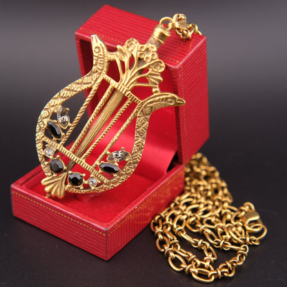 Vintage Lyre Harp Pendant Necklace – Gold-Tone with Black & Clear Crystals