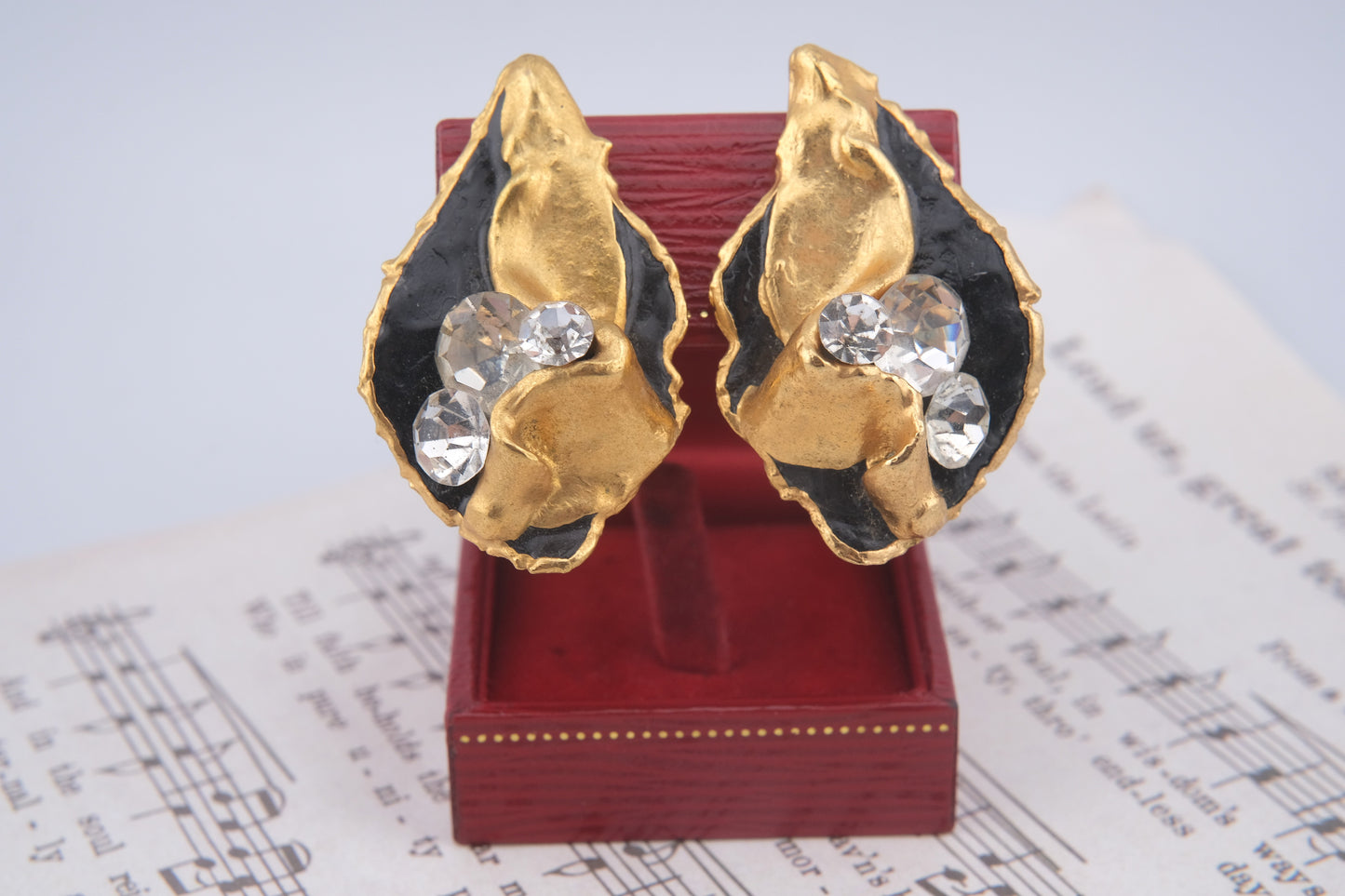 Vintage 1980 Lacombe Ceramic Clip-On Earrings – Gold & Black Enamel Abstract Design with Rhinestones